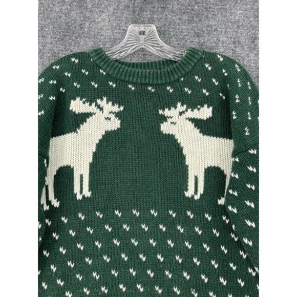 Driving Force Green Knit Sweater Fair Isle Moose Women’s L Cottagecore Country - Picture 2 of 10